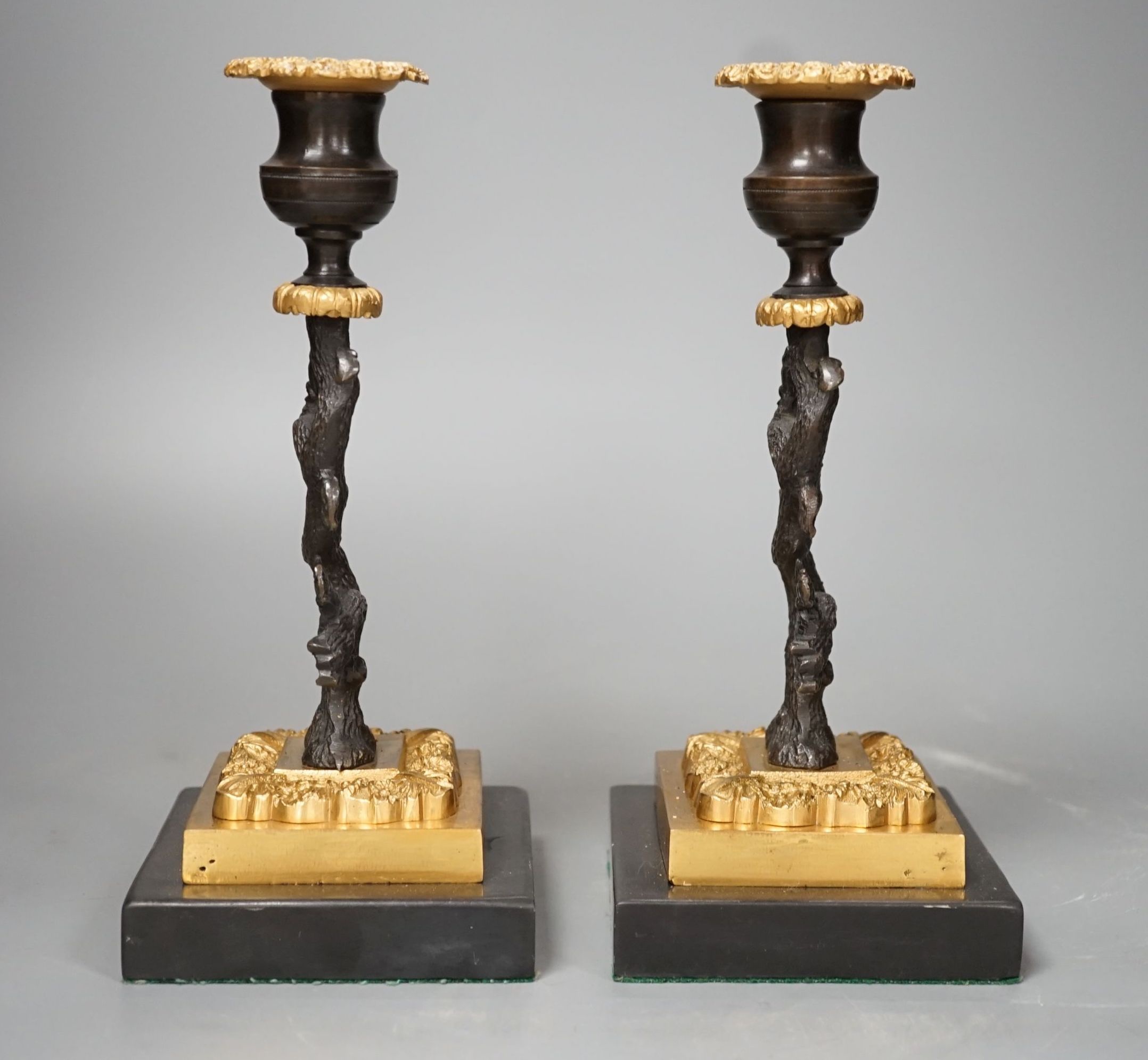 A pair of bronze and ormolu tree candlesticks - 22.5cm tall